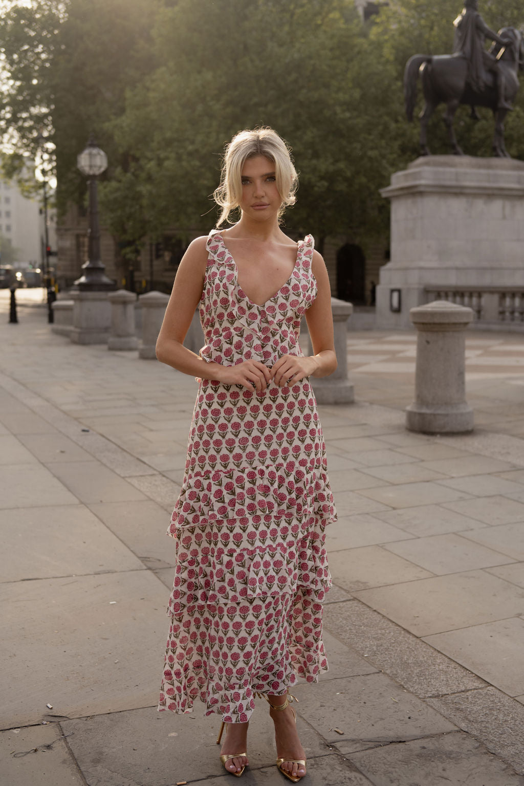 Anetos London's Kitty Dress | Floral wedding guest dress, ruffle, maxi dress