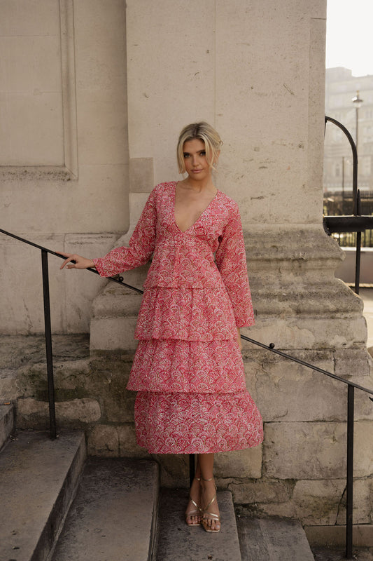 Anetos London's Poppy Dress | wedding guest dress, ruffle midi, pink, party dress, holiday dress