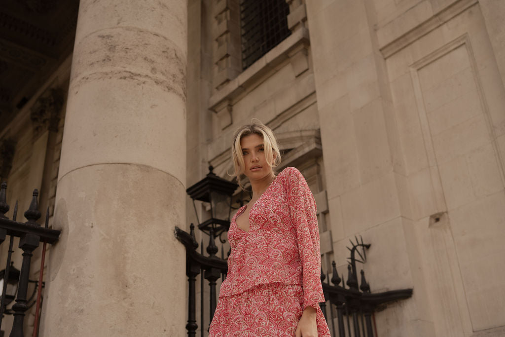 Anetos London's Poppy Dress | wedding guest dress, ruffle midi, pink, party dress, holiday dress