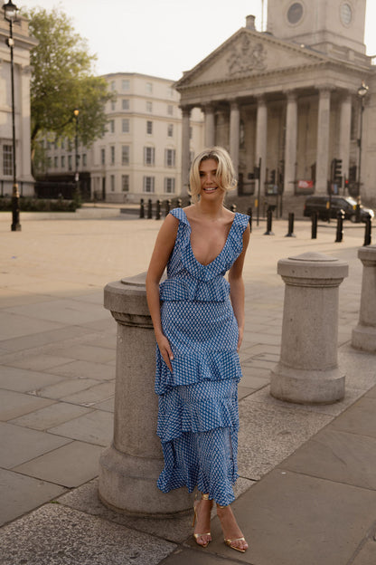 Anetos London's Petra Dress | Maxi dress, blue, block print, wedding guest dress, occasionwear, party dress, maxi