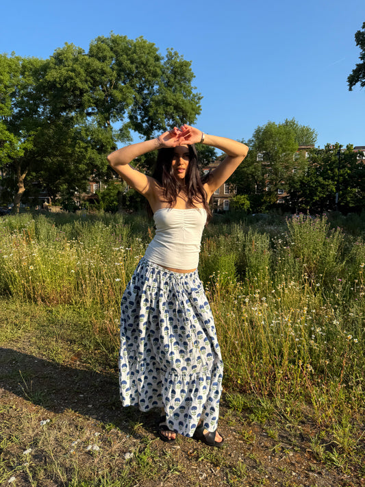 blue floral skirt cottagecore coastal grandmother maxi white cotton drawstring tiered blockprint